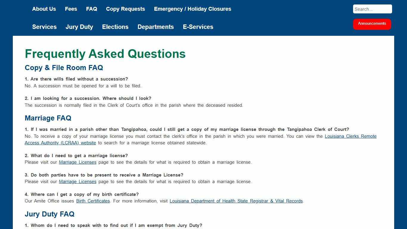 Tangipahoa Parish Clerk of Court > About > FAQ